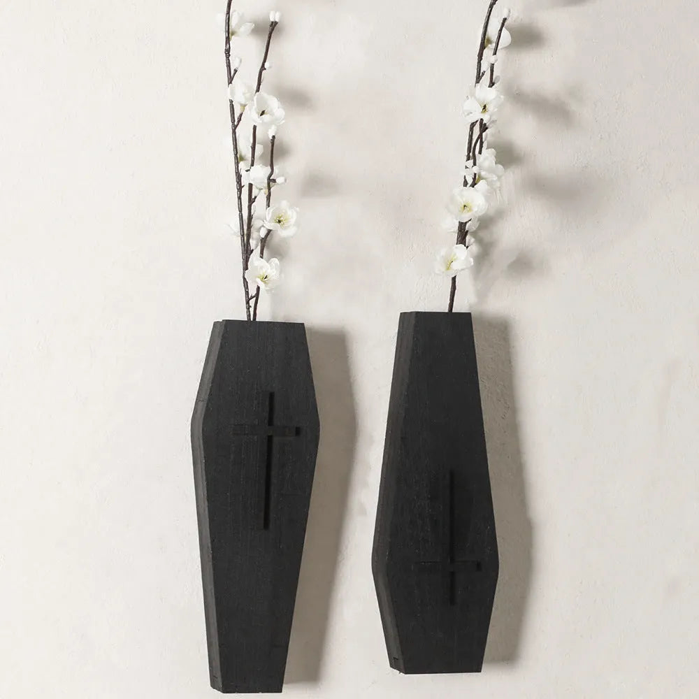 Wooden cross-shaped wall shelf with small vase holders in black, brown, or white wash finish.