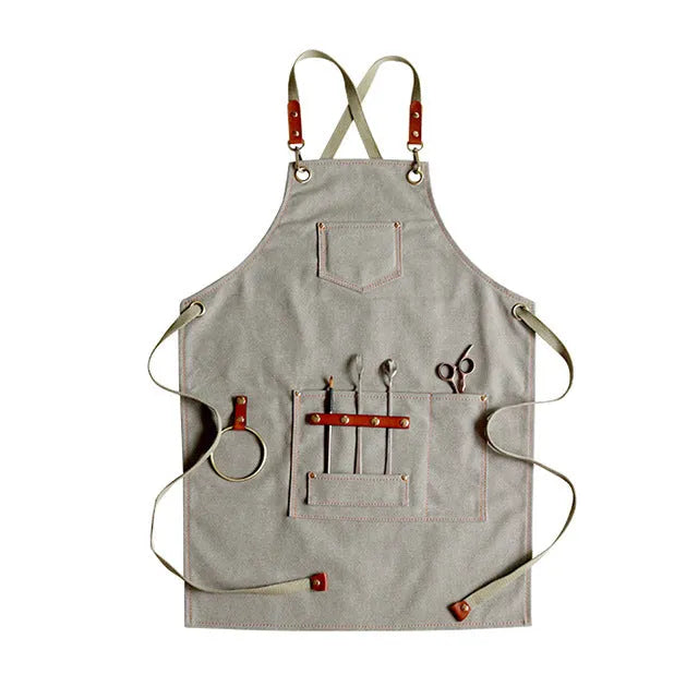 Cross-back strap canvas apron in camel colour with Han Chinese style, shown on a model.
