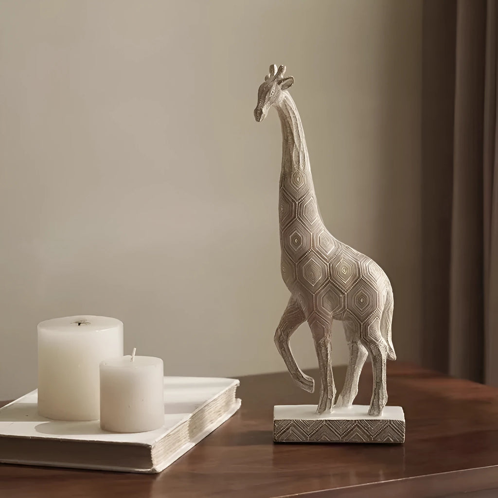 Wood colour European style giraffe resin ornament on a shelf for decorative display.