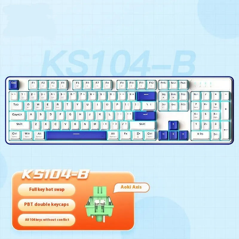 Three-mode mechanical keyboard with 104 keys in multiple colour options showing USB-C port and wireless connectivity