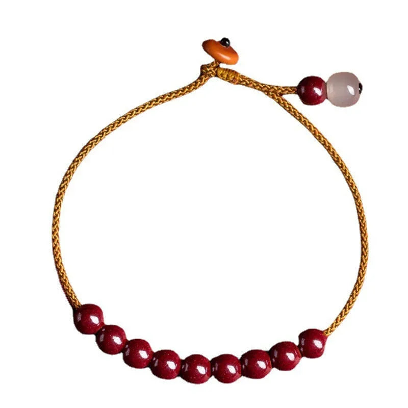 Hand-woven cinnabar and Hetian jade geometric bracelet with adjustable one-piece design