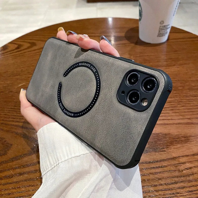 Black imitation leather magnetic charging case for iPhone showing magnetic ring and business styling