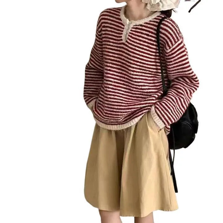 Women's striped cashmere pullover sweater in red and blue colour options with retro styling