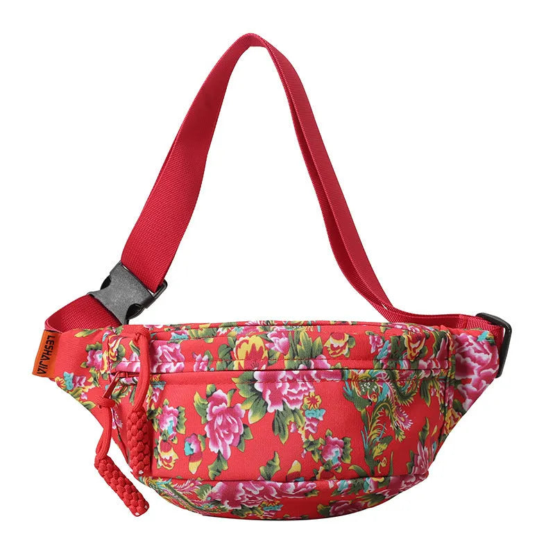 Women's western style waist bag with large floral decoration and contrast stitching