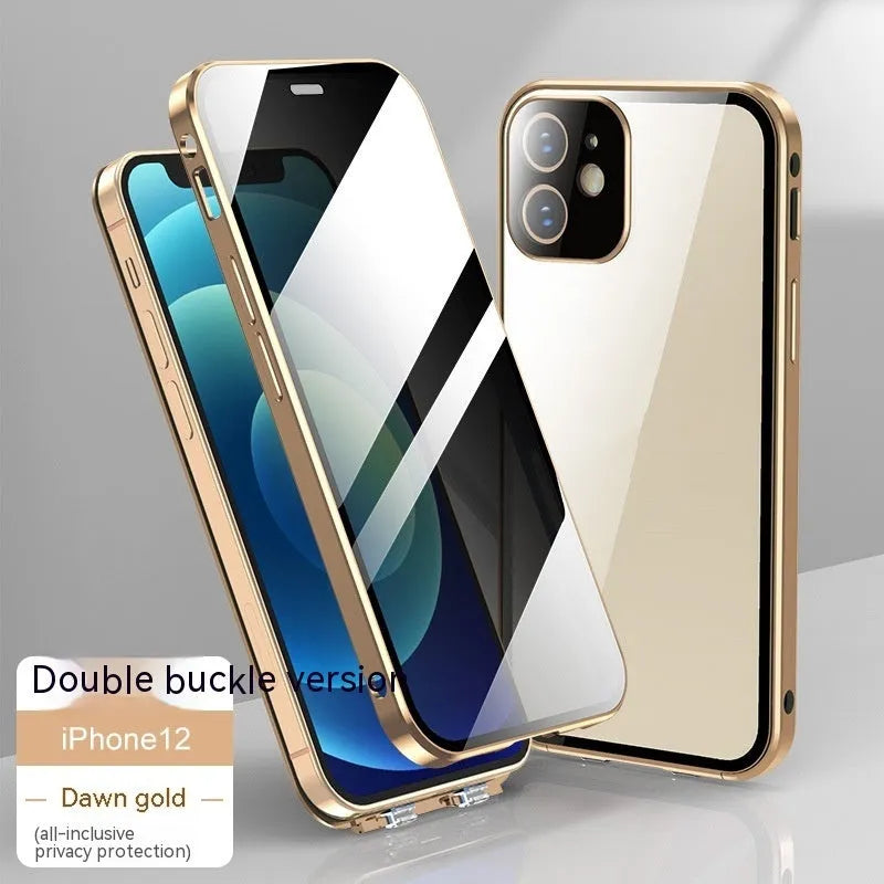 Double-sided buckle glass privacy phone case for iPhone in black, blue, gold, green, or silver