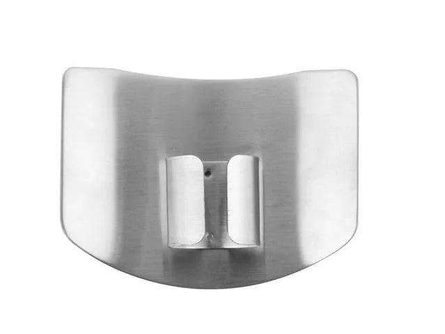 Stainless steel hand guard for finger protection during vegetable cutting.