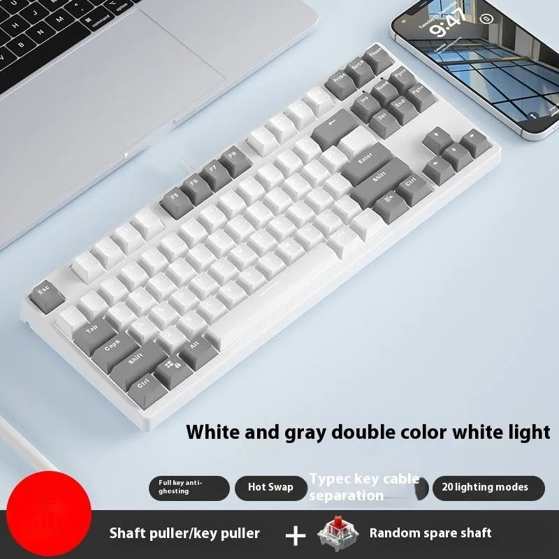 87 key wired mechanical keyboard with hot-swappable switches showing dual-colour keycap theme on metal body