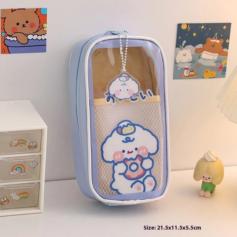 Transparent cartoon student pencil case with large capacity for stationery organisation