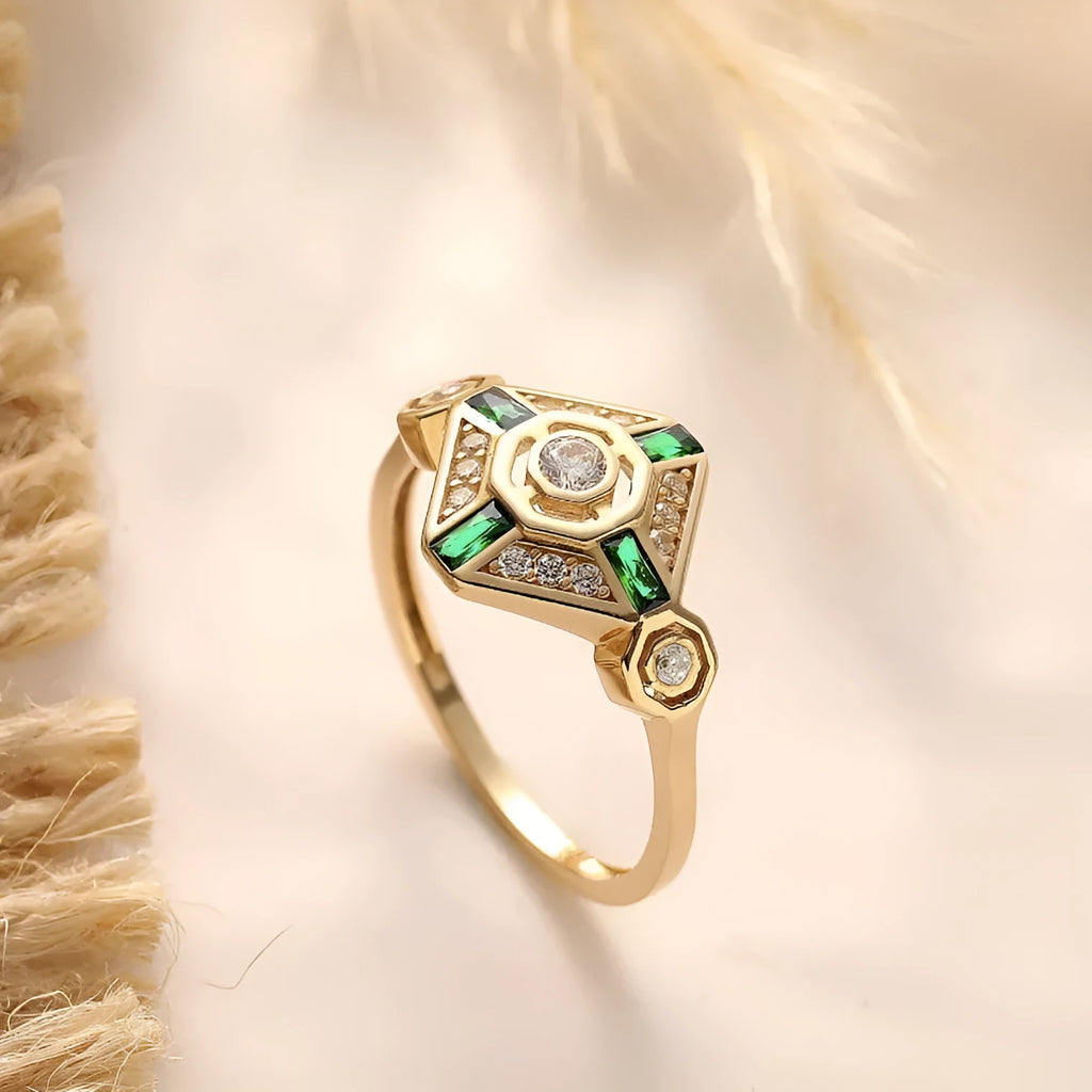 Square geometric emerald colour ring for women in electroplated Lvzuan finish