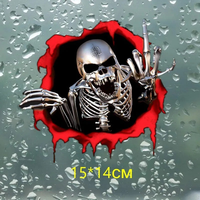Colourful broken shell design metal skull bumper sticker measuring 15cm by 14cm on PET material