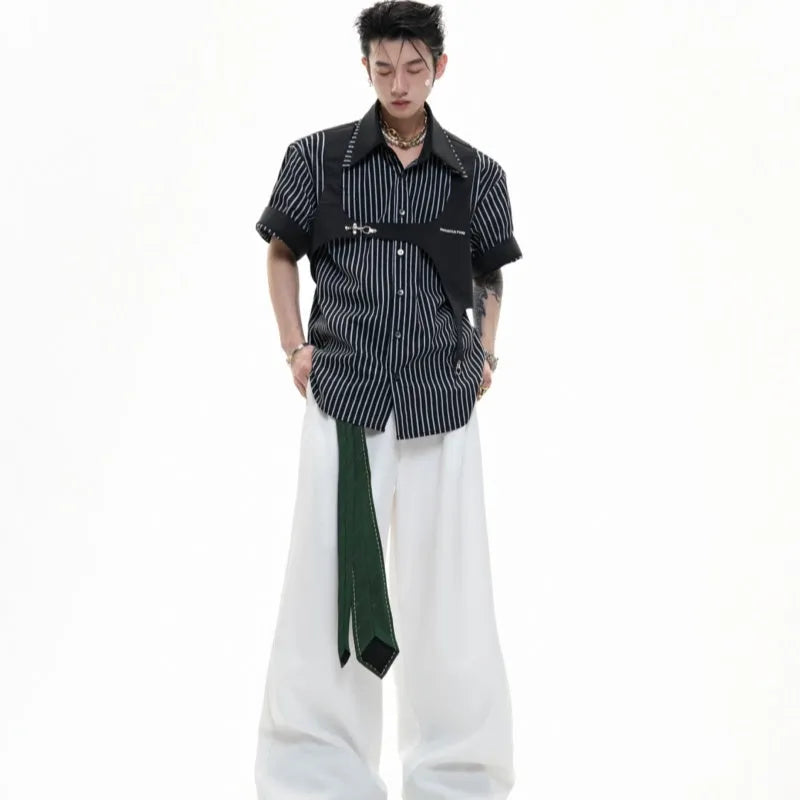 Men's black and white striped cotton shirt with double collar design and short sleeves
