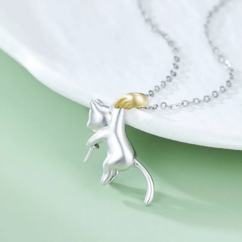 925 sterling silver clavicle chain necklace with a cat charm and electroplated finish.