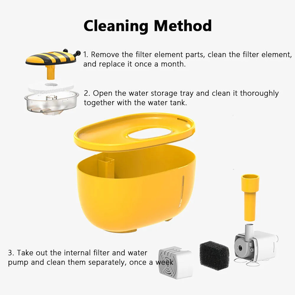 Yellow cat water fountain with filtration system, water level window, and USB connection