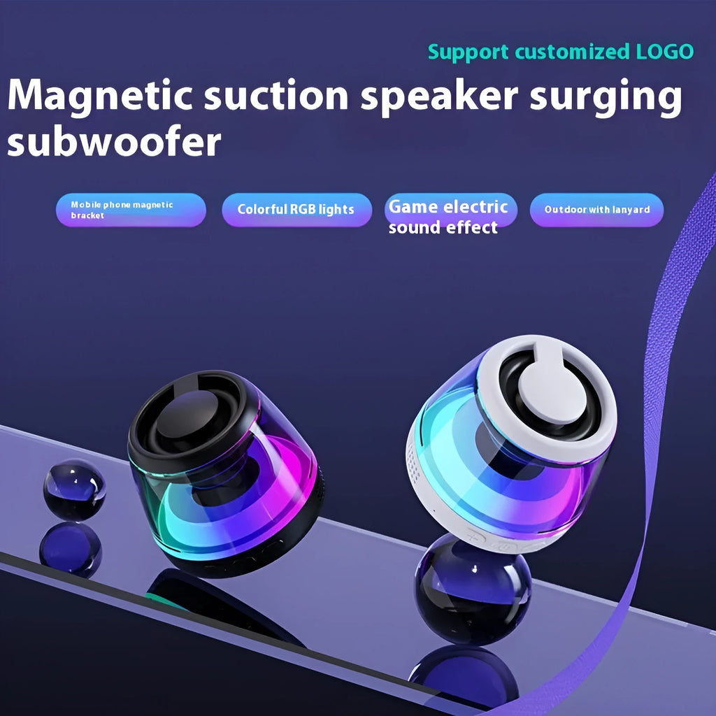 Black and white portable Bluetooth speaker with LED ambient lighting effects and magnetic base.