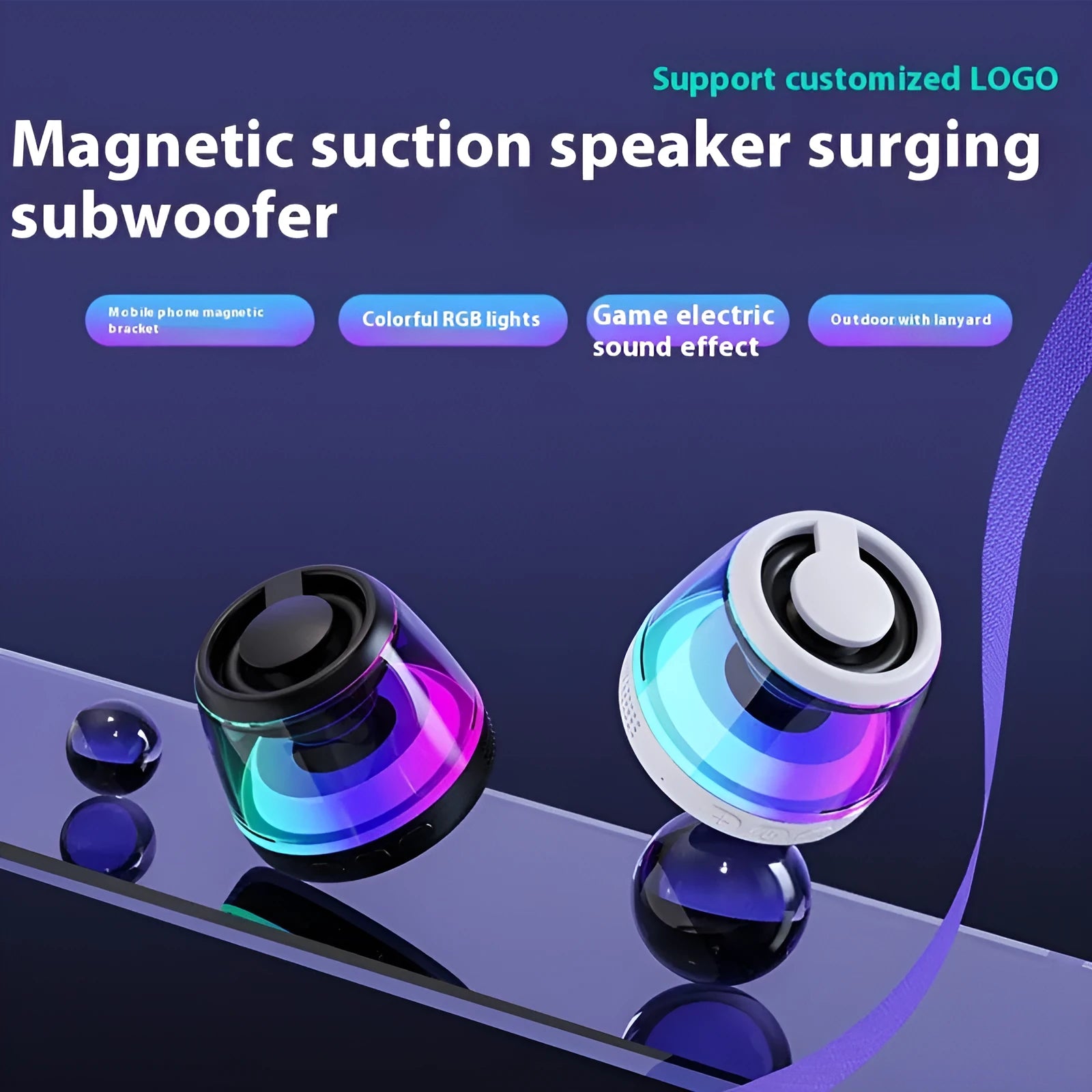 Black and white portable Bluetooth speaker with LED ambient lighting effects and magnetic base.