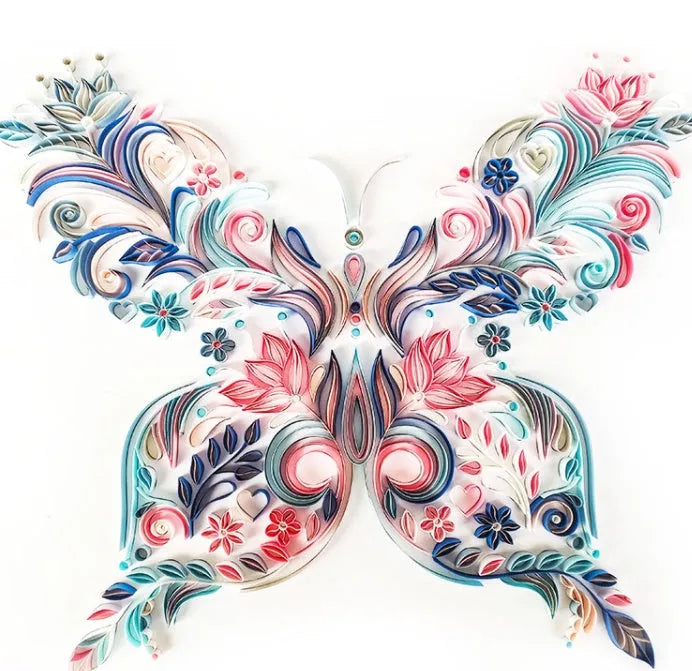 20 inch blue and pink butterfly quilling papercraft illustration pack with glue, scissors, awl, and tweezers