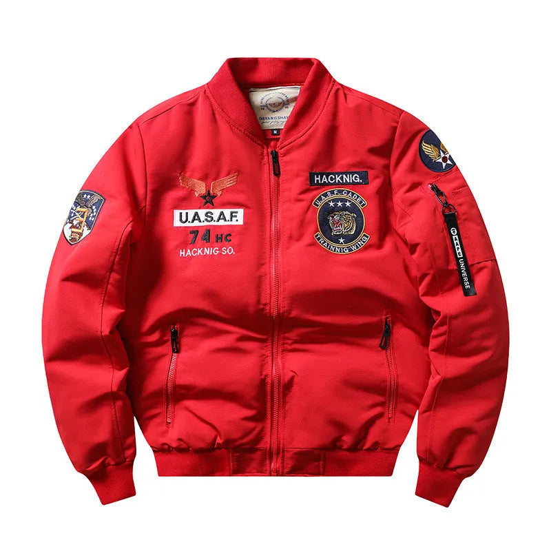 Slim-fit men's motorcycle coat with stand collar and retro embroidery in quilted black fabric.