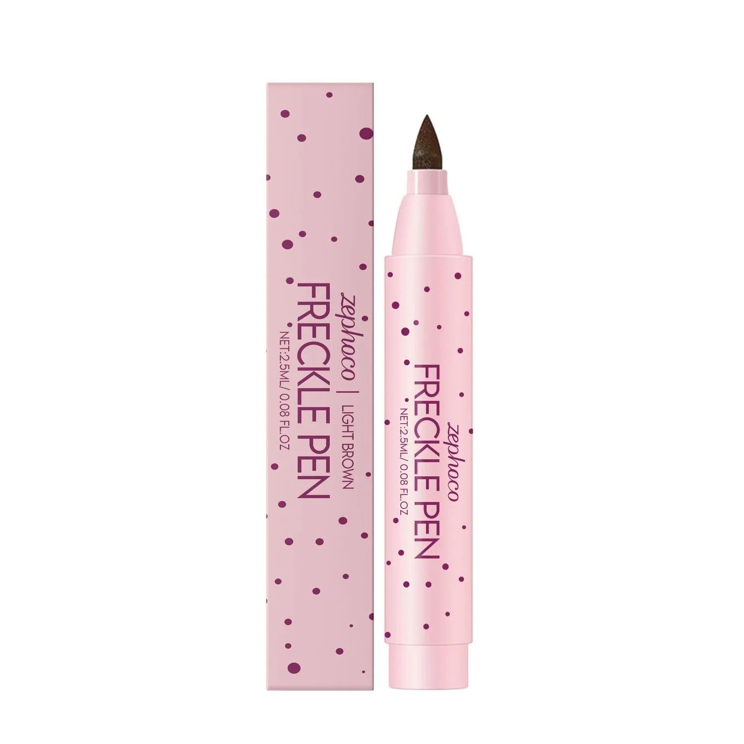 Freckle cosmetic pen with dark brown and light brown ink options for faux freckle application