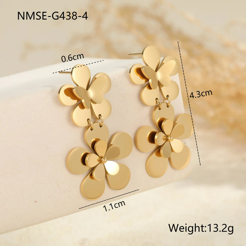 Gold-coloured stainless steel earrings with floral and butterfly design for women