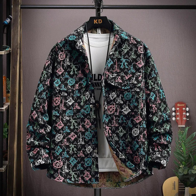 Casual lapel shirt coat in a colour-coded option like blue or black, showing long sleeves and straight hem.