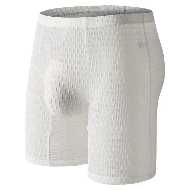 Men's solid colour lace boxer shorts with a lengthened hip lifting design on a size chart.