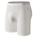 Men's solid colour lace boxer shorts with a lengthened hip lifting design on a size chart.
