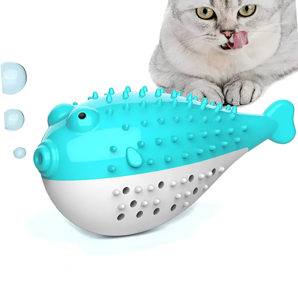 Blue silicone fish chew toy for cats with dimensions 12.2 x 4.9 x 5.8 cm
