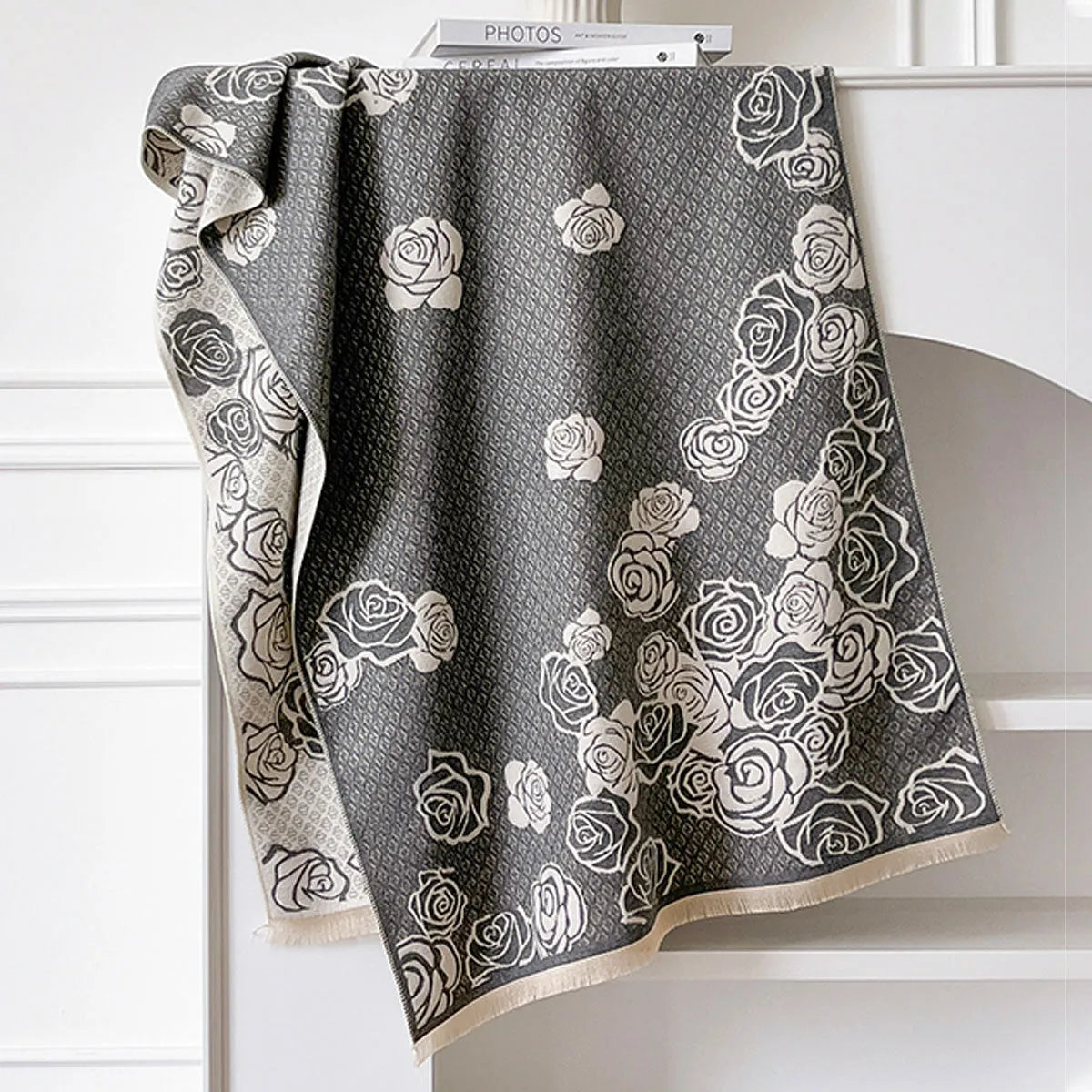 Imitation cashmere thick warm scarf in grey black blue or khaki with tassels 185x65cm