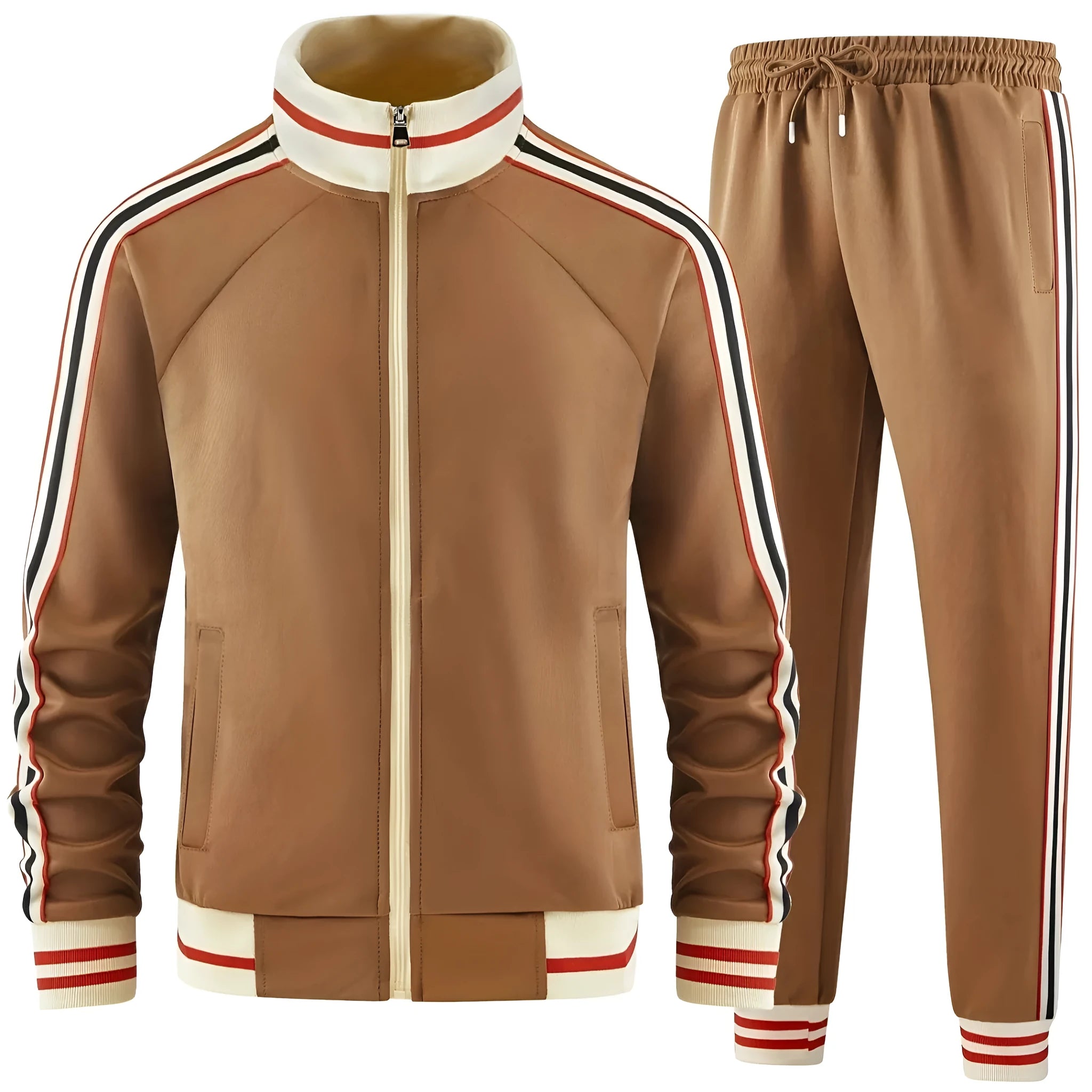 Khaki coloured two-piece street suit with a zippered turtleneck cardigan and matching trousers on a hanger.