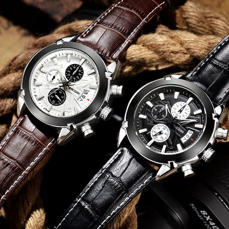 Men's multifunctional timing quartz watch with three sub-dials and luminous hands in black or brown colour options