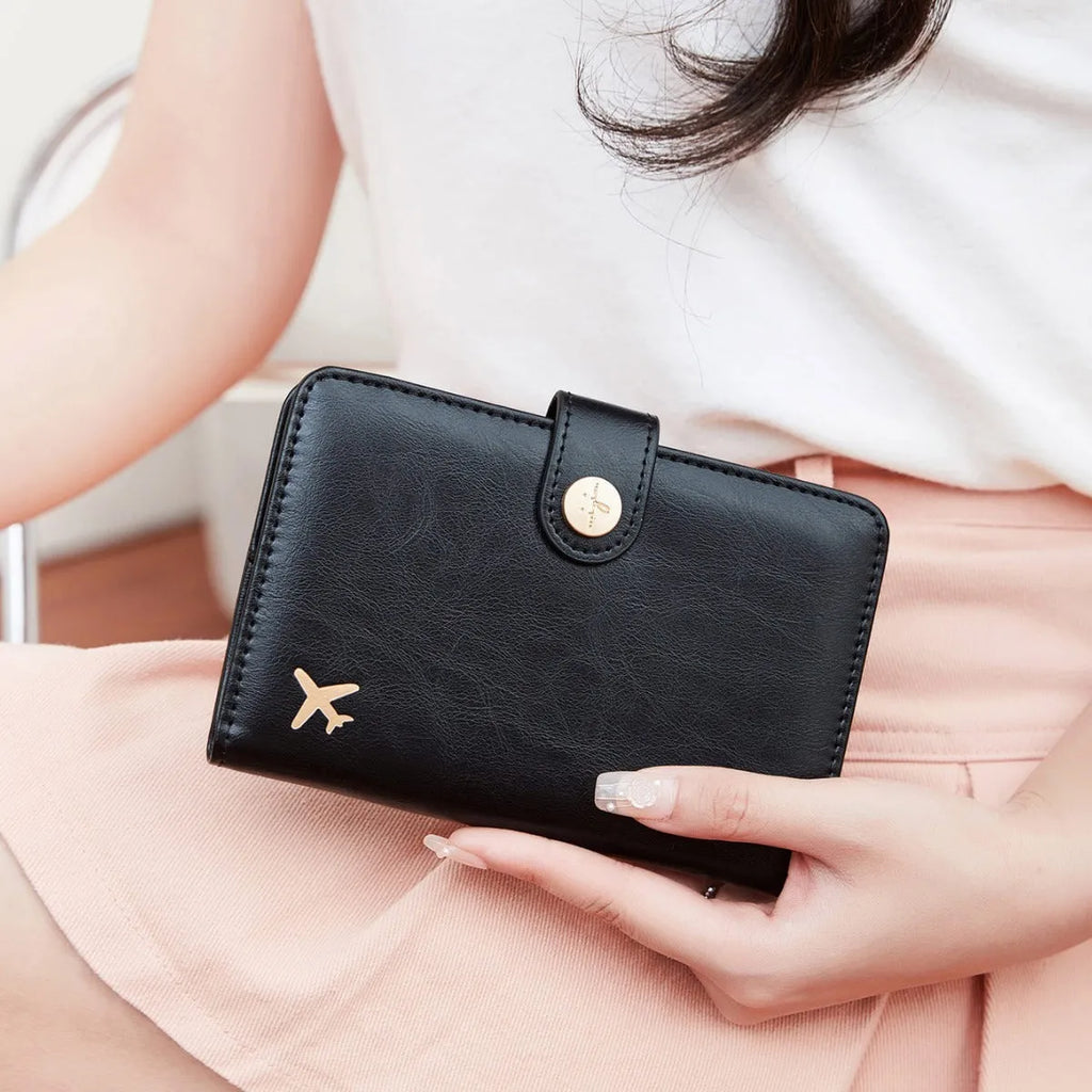 PU leather passport holder wallet with RFID blocking in multiple colour options showing compartments and sewing detail