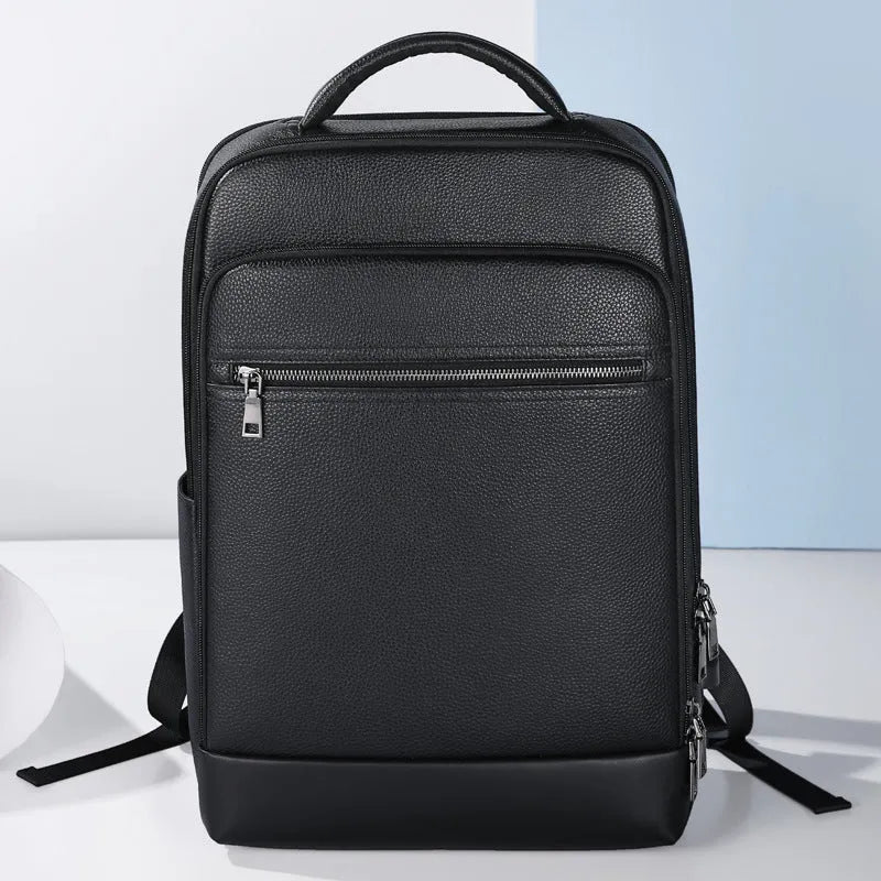 Men's black leather business computer backpack with curved shoulder straps