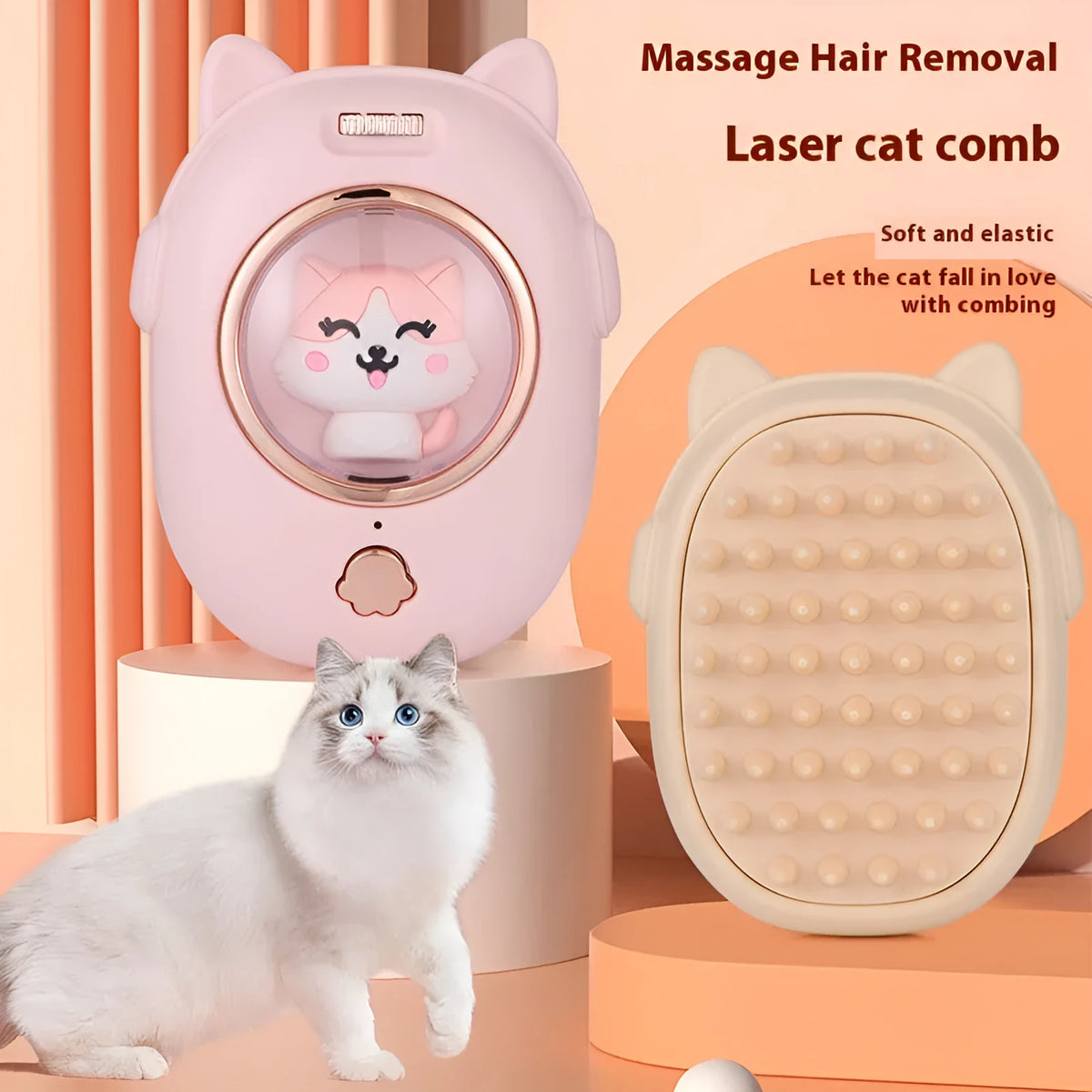 Pink and yellow pet grooming comb with integrated laser pointer toy for cats and dogs