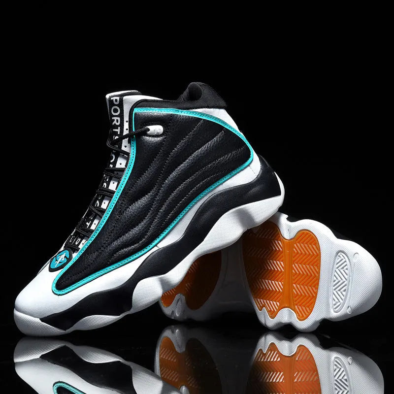 Men's high-top basketball shoe in black and light blue colour with mesh upper and rubber sole.