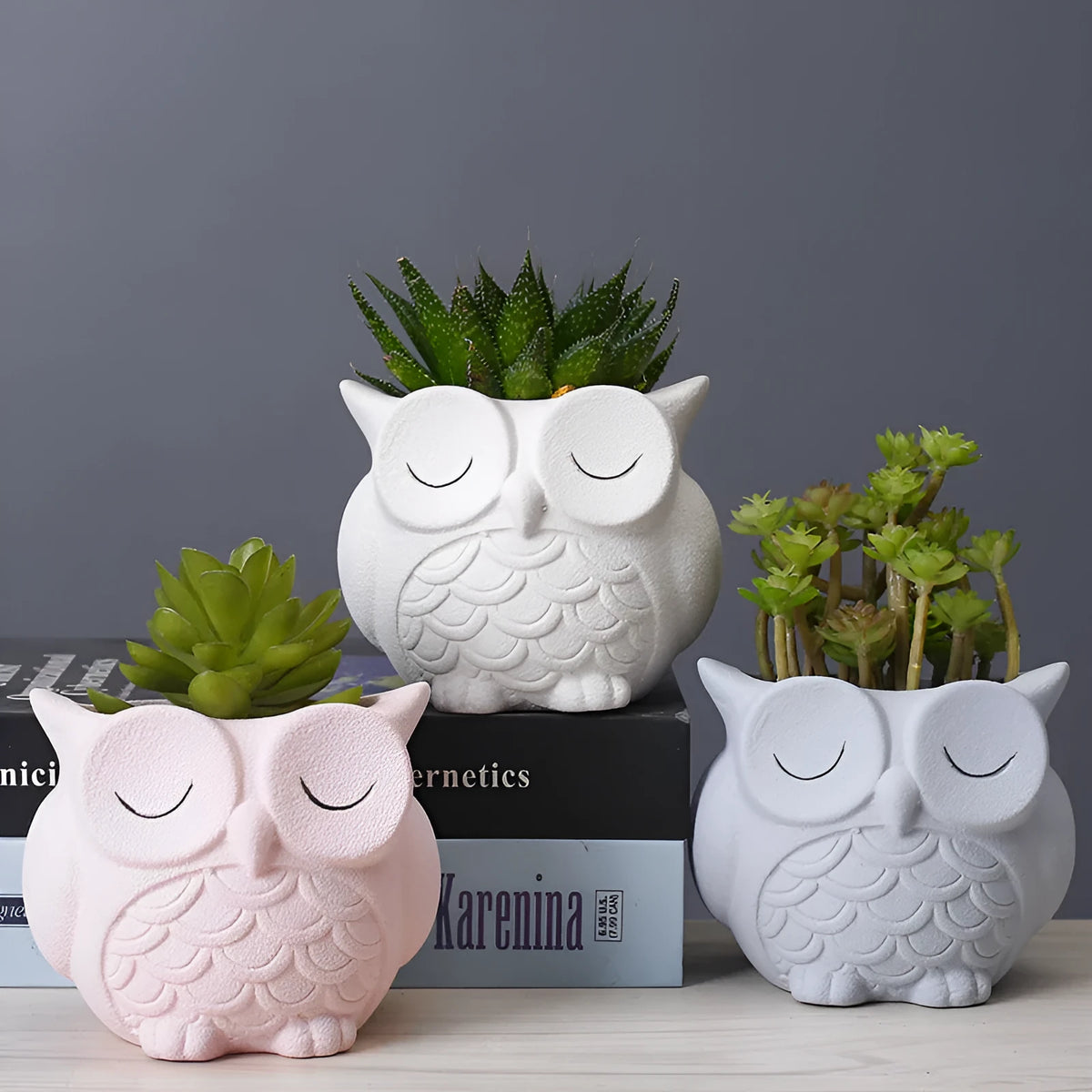 Handmade ceramic owl-design succulent pot in pastel colour measuring 11cm by 9cm by 9cm
