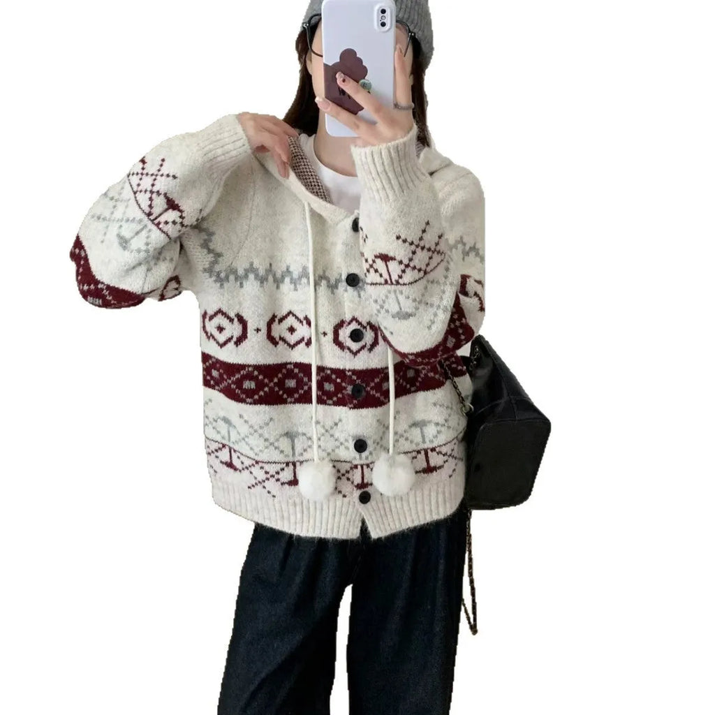 Women's beige acrylic brocade sweater coat with geometric pattern and loose fit