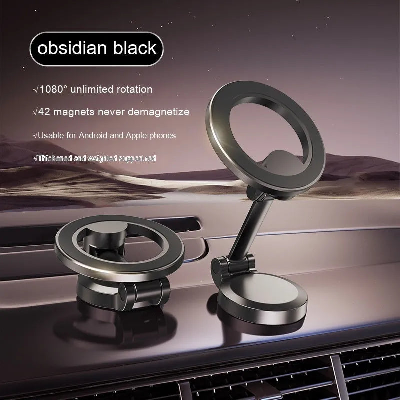 All-metal magnetic car phone mount with foldable design on dashboard