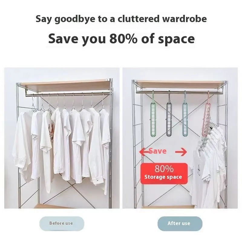 Modern plastic nine-hole folding hanger for trousers in green, blue, pink, beige, or grey.