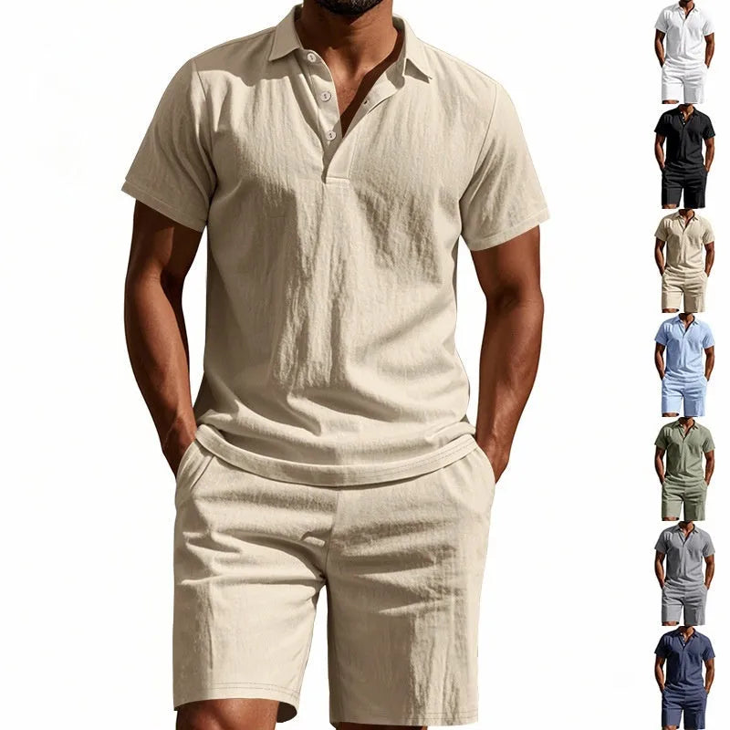 Men's loose linen-blend shorts set in light blue with short sleeve shirt and matching shorts