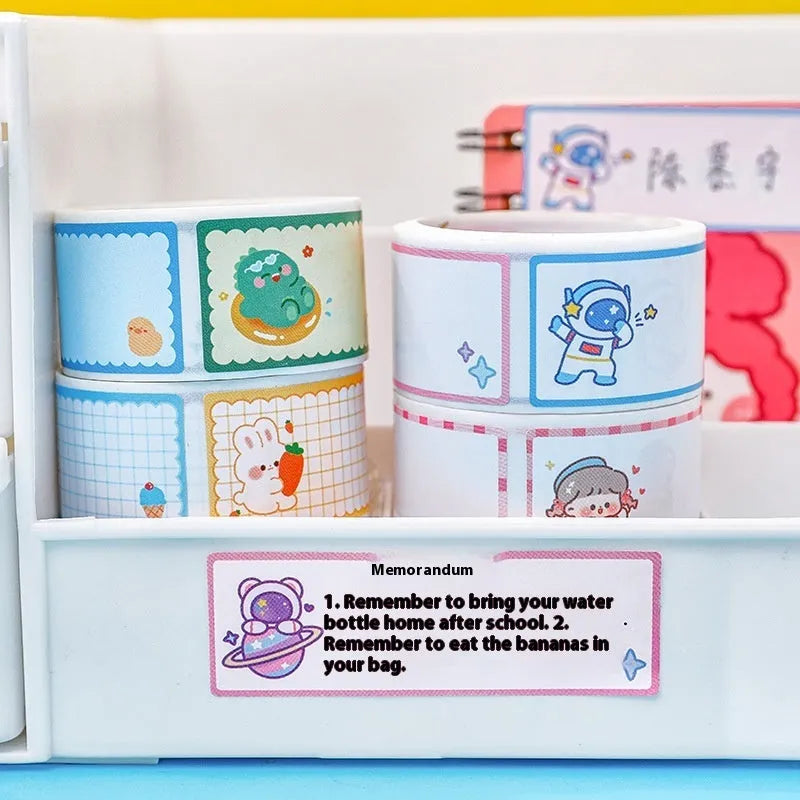 Roll of printed cartoon tape stickers with dinosaur design for labelling books and belongings