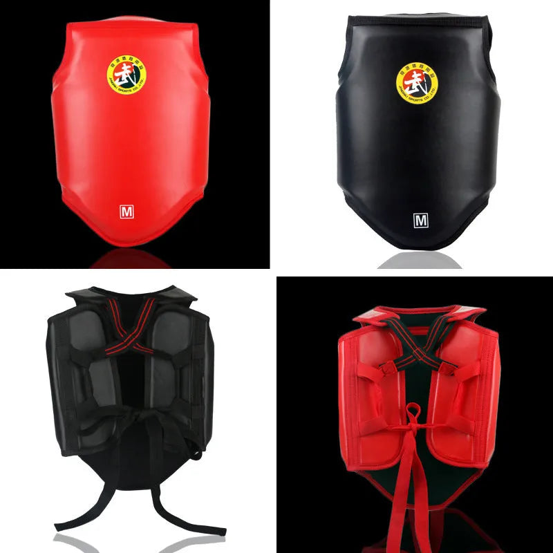 Red boxing helmet and chest protector set for training and sparring sessions