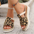Leopard print women's wedge platform sandals with a fish mouth toe and rubber sole.