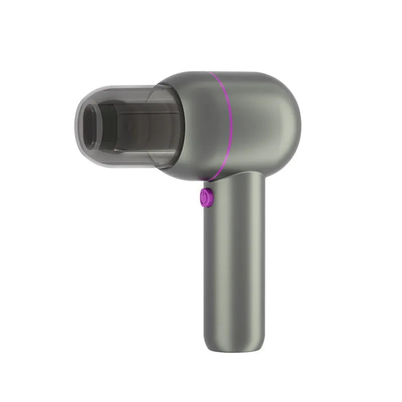 Grey handheld portable car vacuum cleaner with brush and extended nozzles showing 19cm dimensions