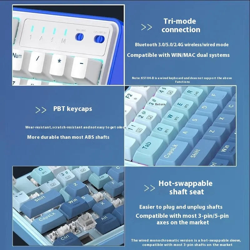 Three-mode mechanical keyboard with 104 keys in multiple colour options showing USB-C port and wireless connectivity