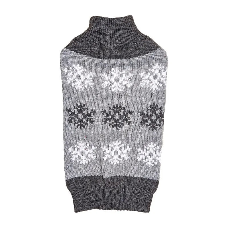 Snowflake patterned grey and brown dog Christmas sweater on canine model