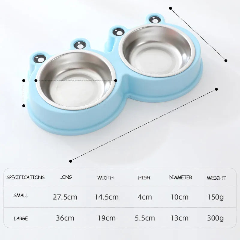 Blue stainless steel one-piece double bowl for pet food and water.