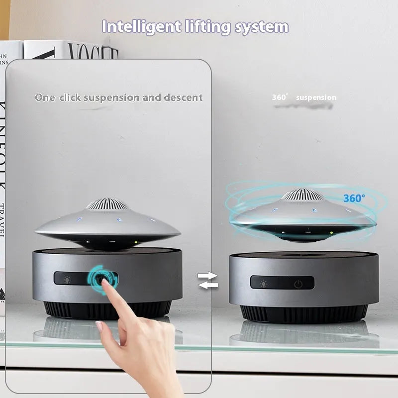 Automatic lifting magnetic levitation Bluetooth speaker floating above charging base