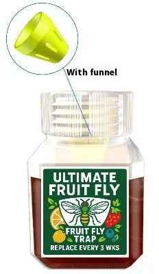90ml bottle of SK003 fruit fly bait liquid on a kitchen counter near a fruit bowl.