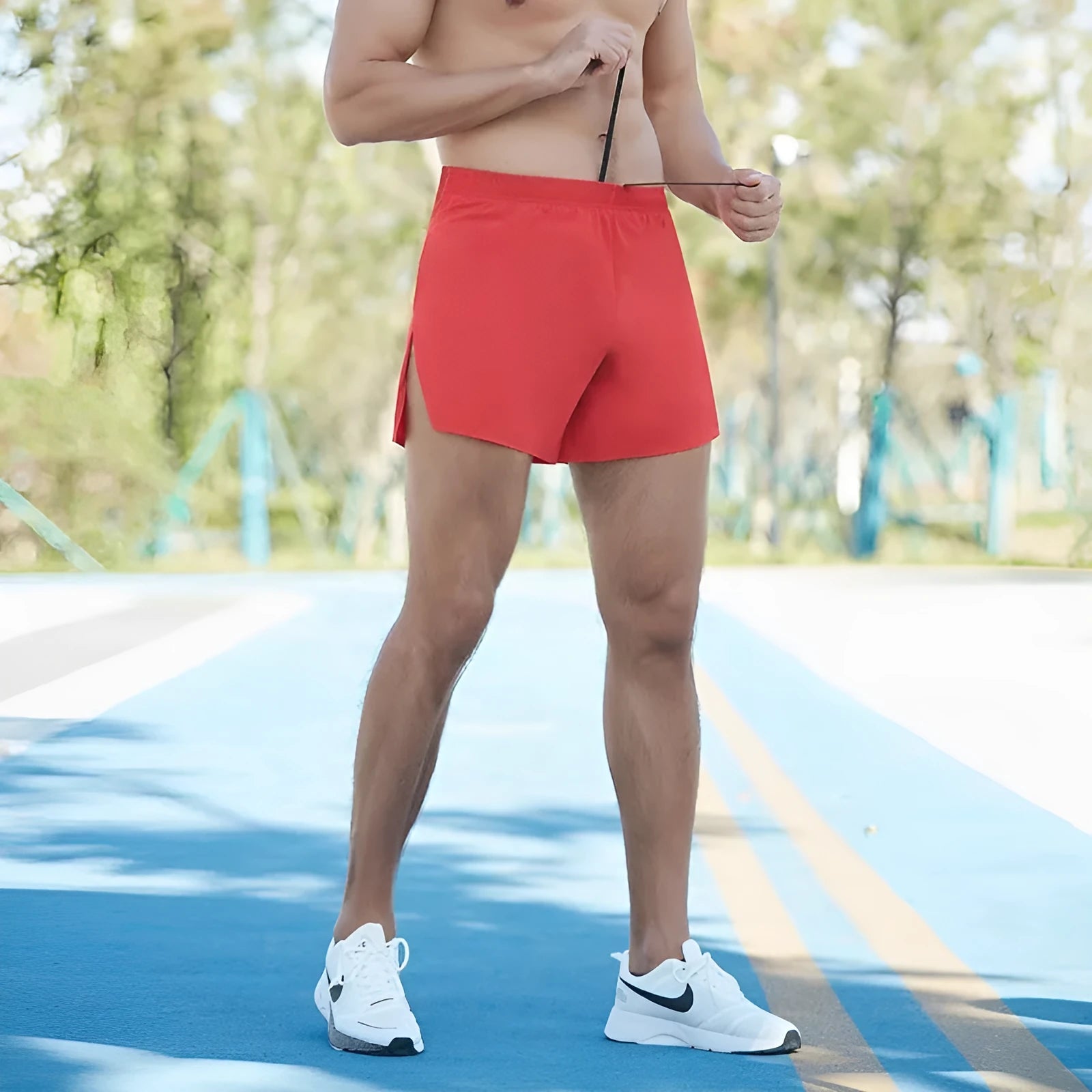 Men's red off-road running shorts with quick-dry fabric for marathon and cross-country running