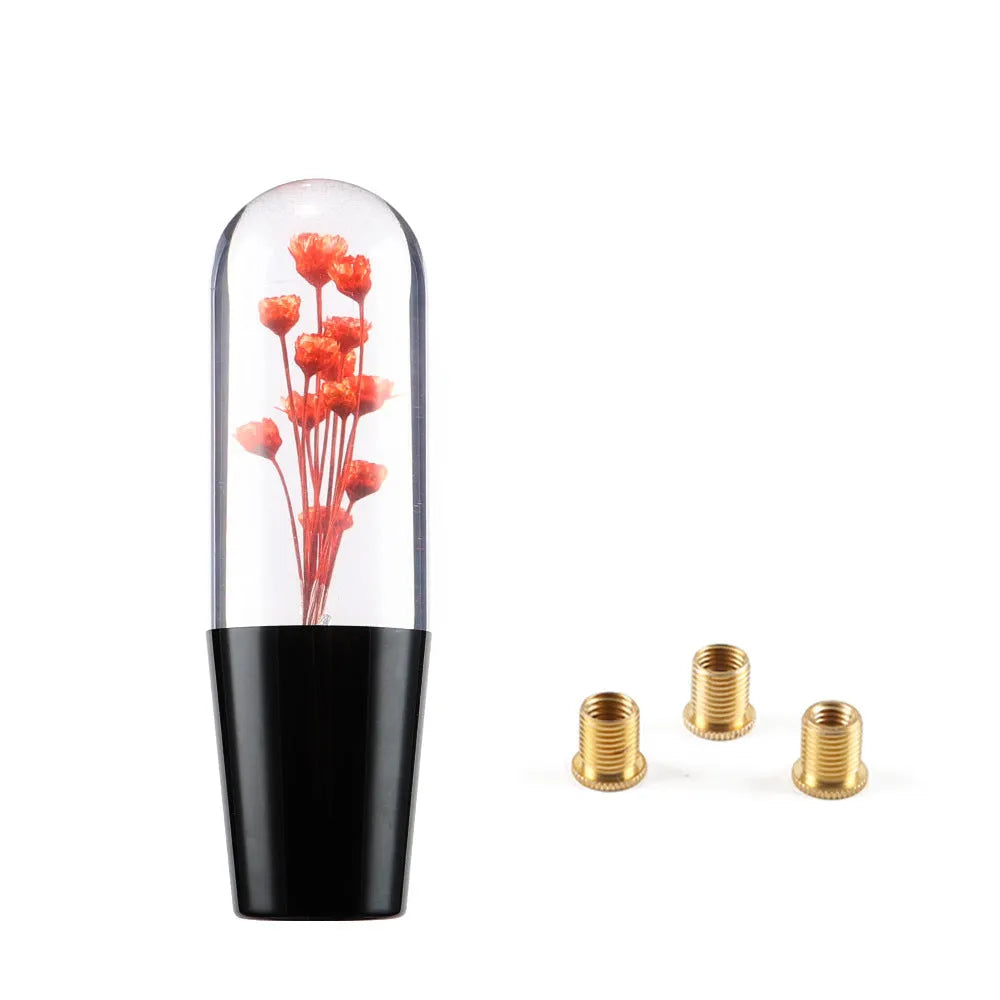 Transparent crystal car gear head with flower design, 15cm long, with three adapters